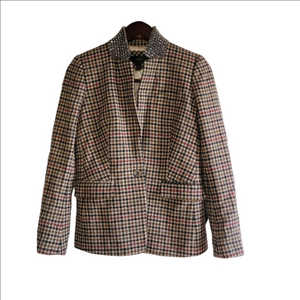 J. CREW "REGENT" Houndstooth Check 100% Wool Blazer, Embellished Collar Size 2